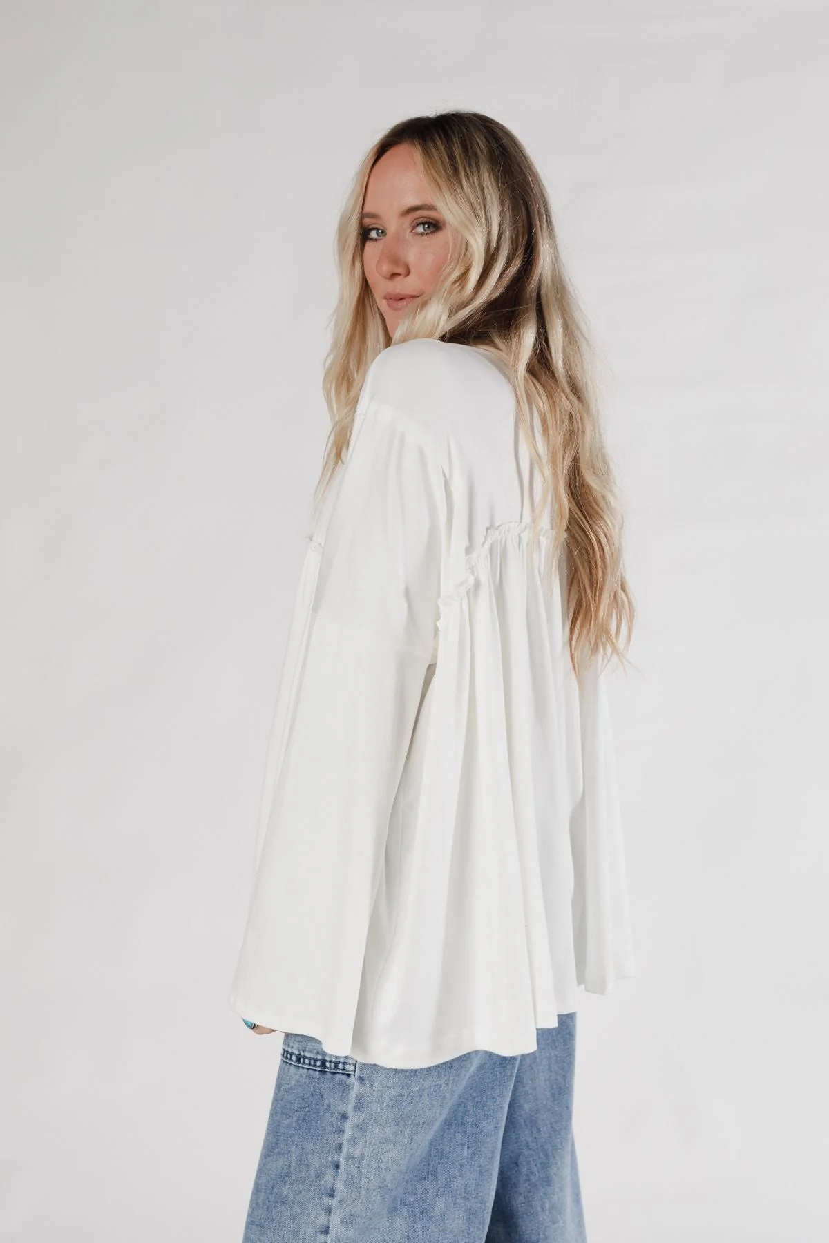 The Nest Solid Serenity Long Sleeve Babydoll Top - Ivory - Image 3