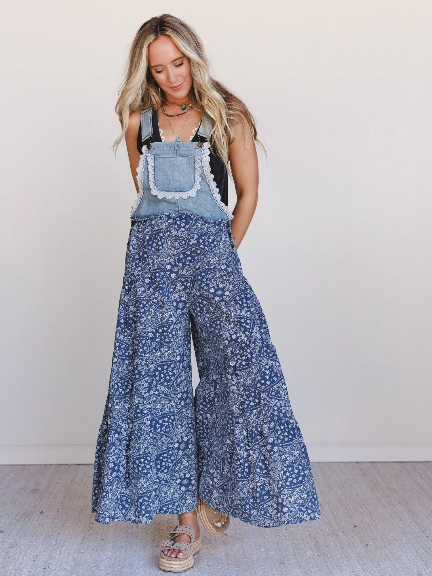 Sunset Paisley Tiered Overalls - Denim - Pre Order