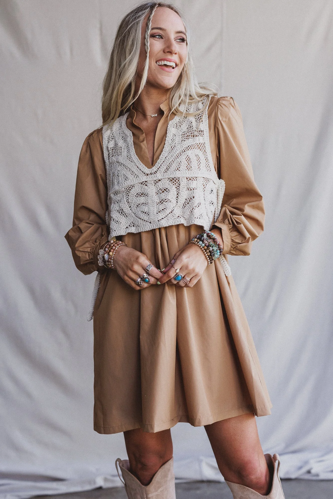 Sweet Edge Crochet Vest Tunic Dress - Camel - Image 5