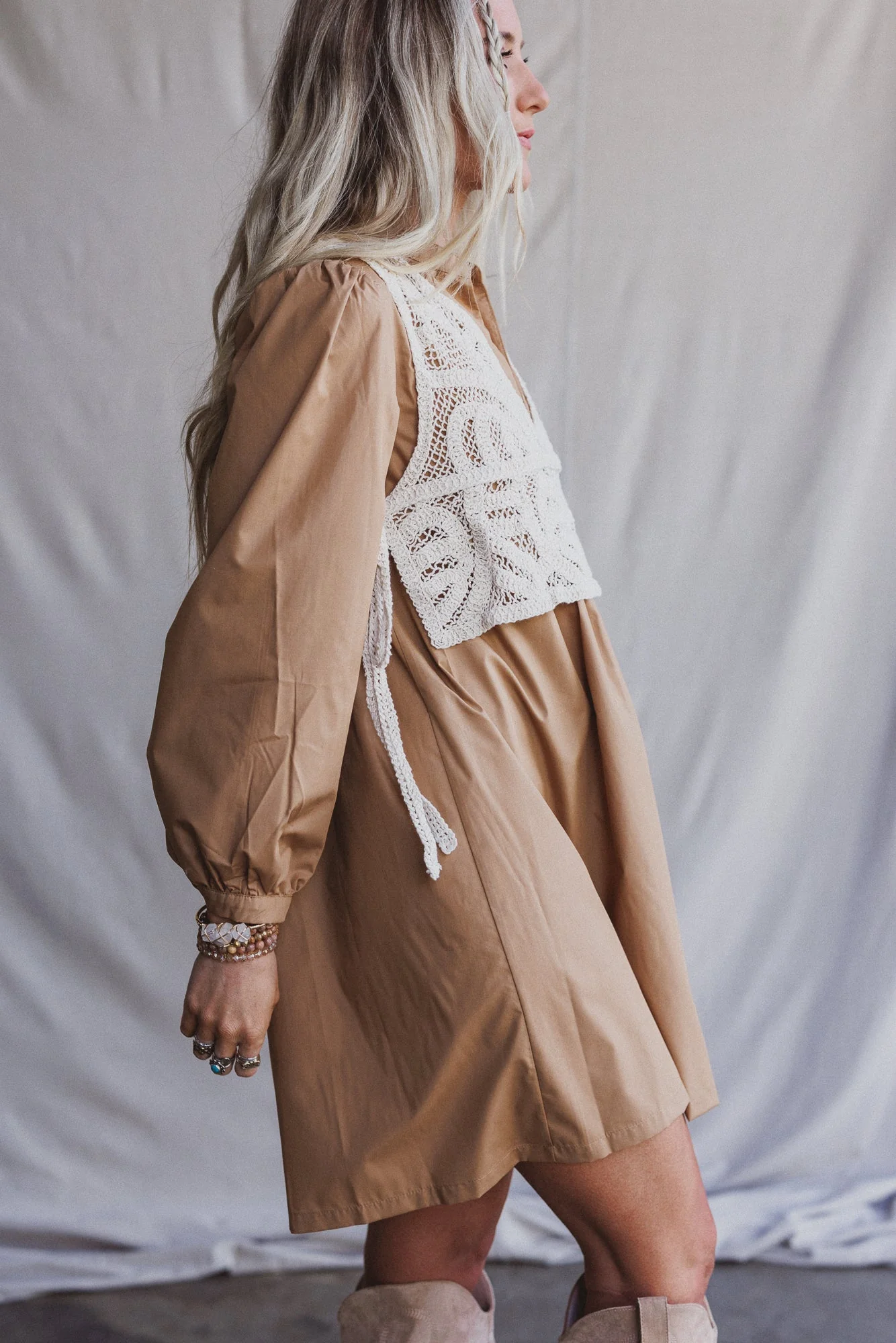 Sweet Edge Crochet Vest Tunic Dress - Camel - Pre Order