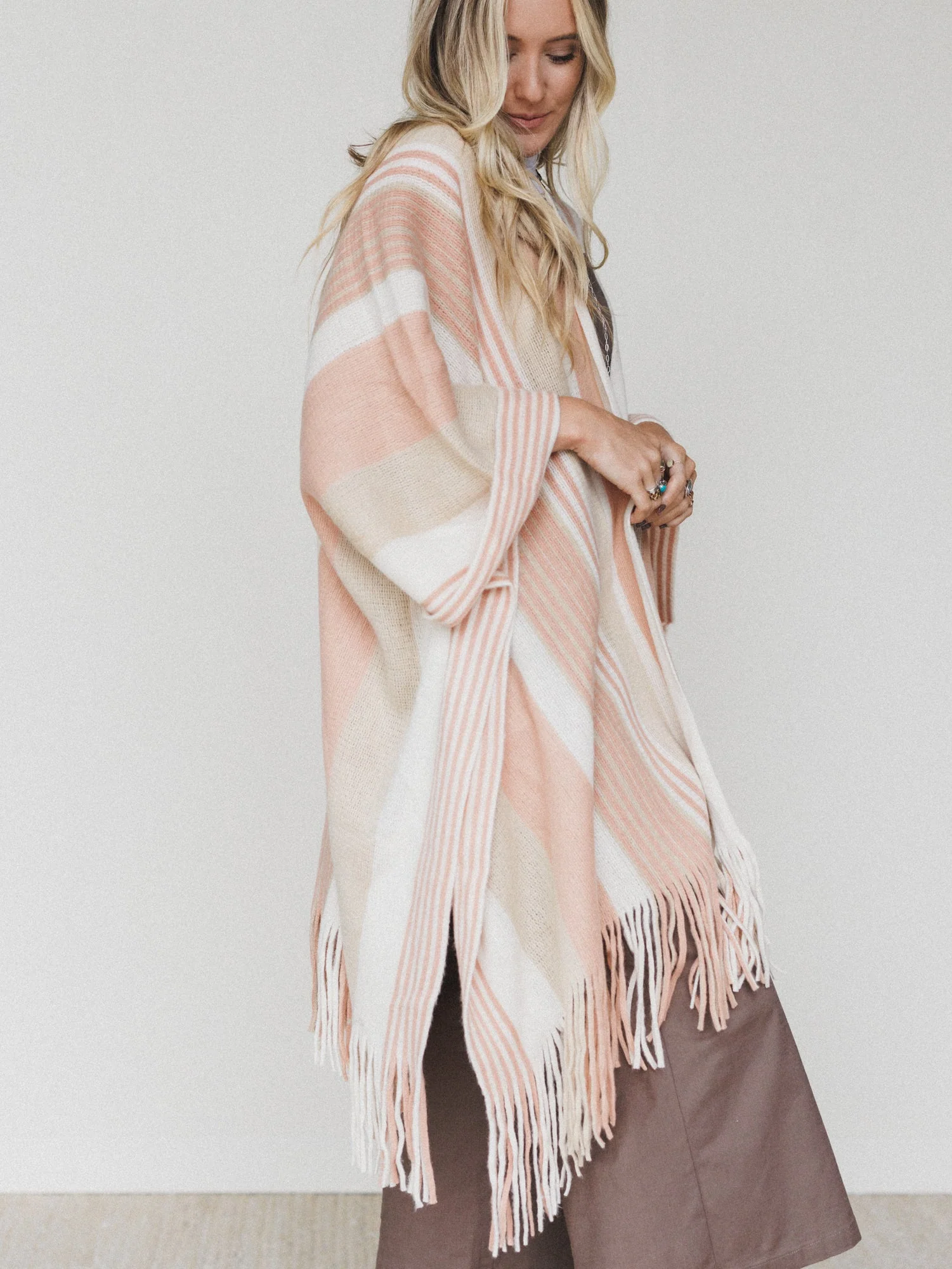 Sweet Love Striped Ruana Shawl - Beige - Image 2