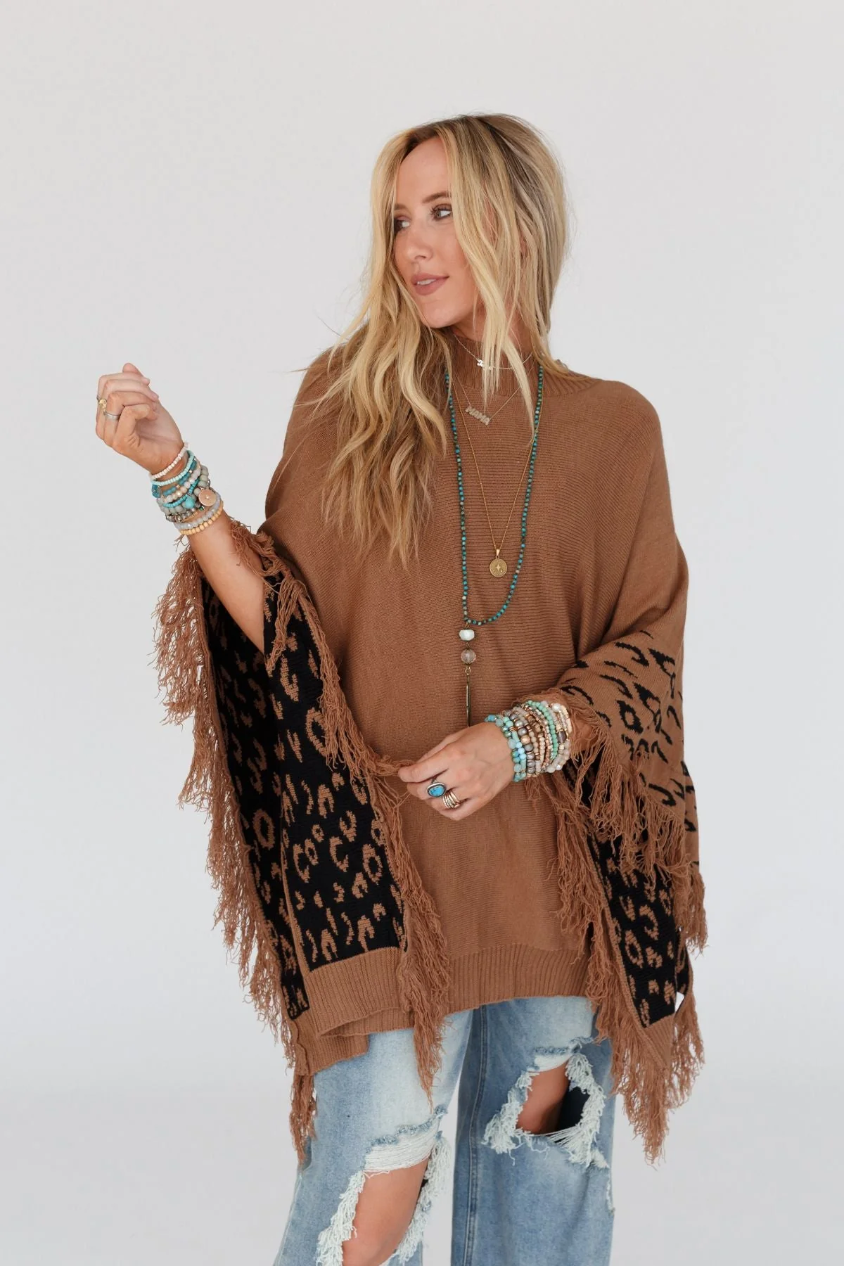 Tate Animal Print Poncho - Camel - Image 6