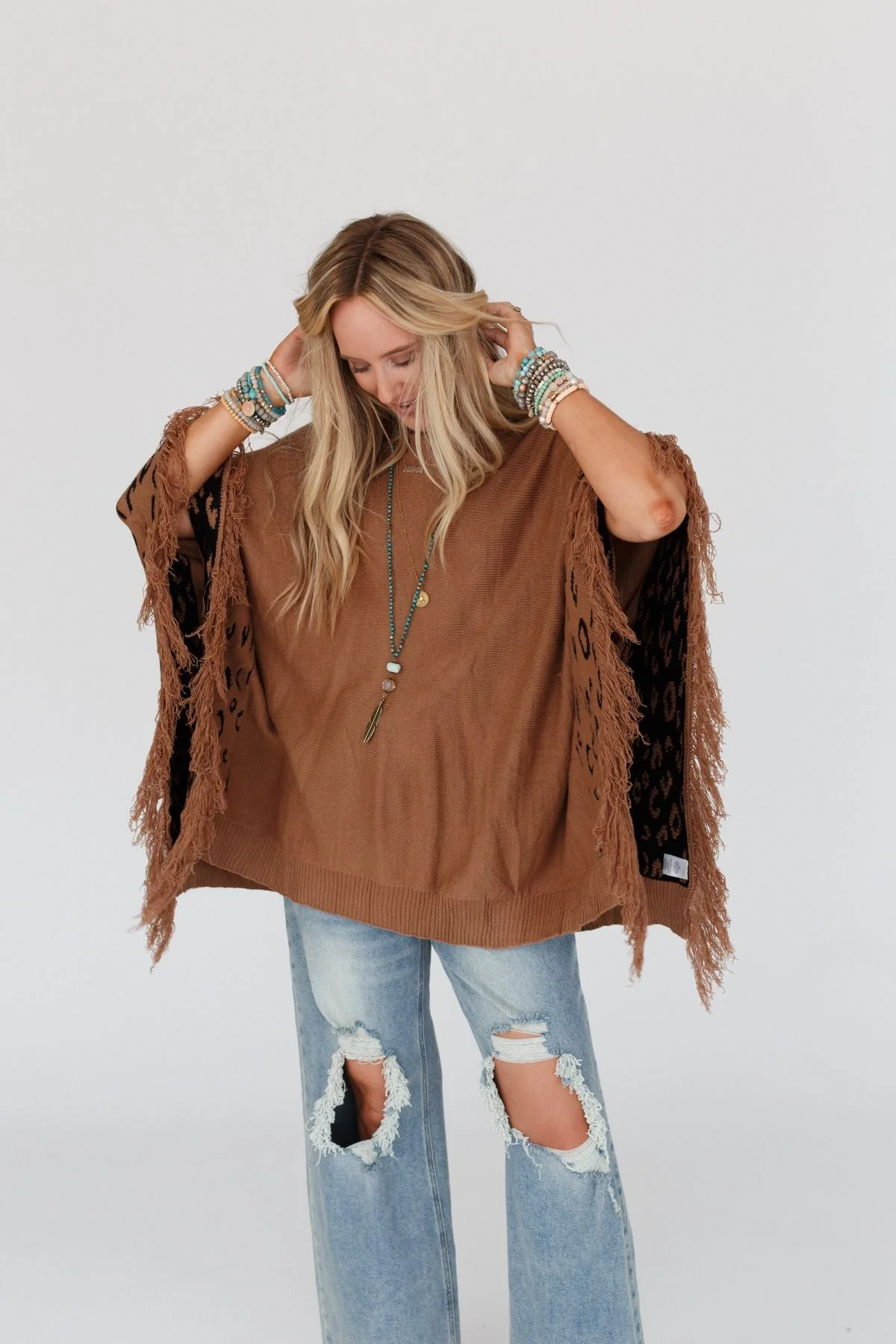 Tate Animal Print Poncho - Camel - Image 8