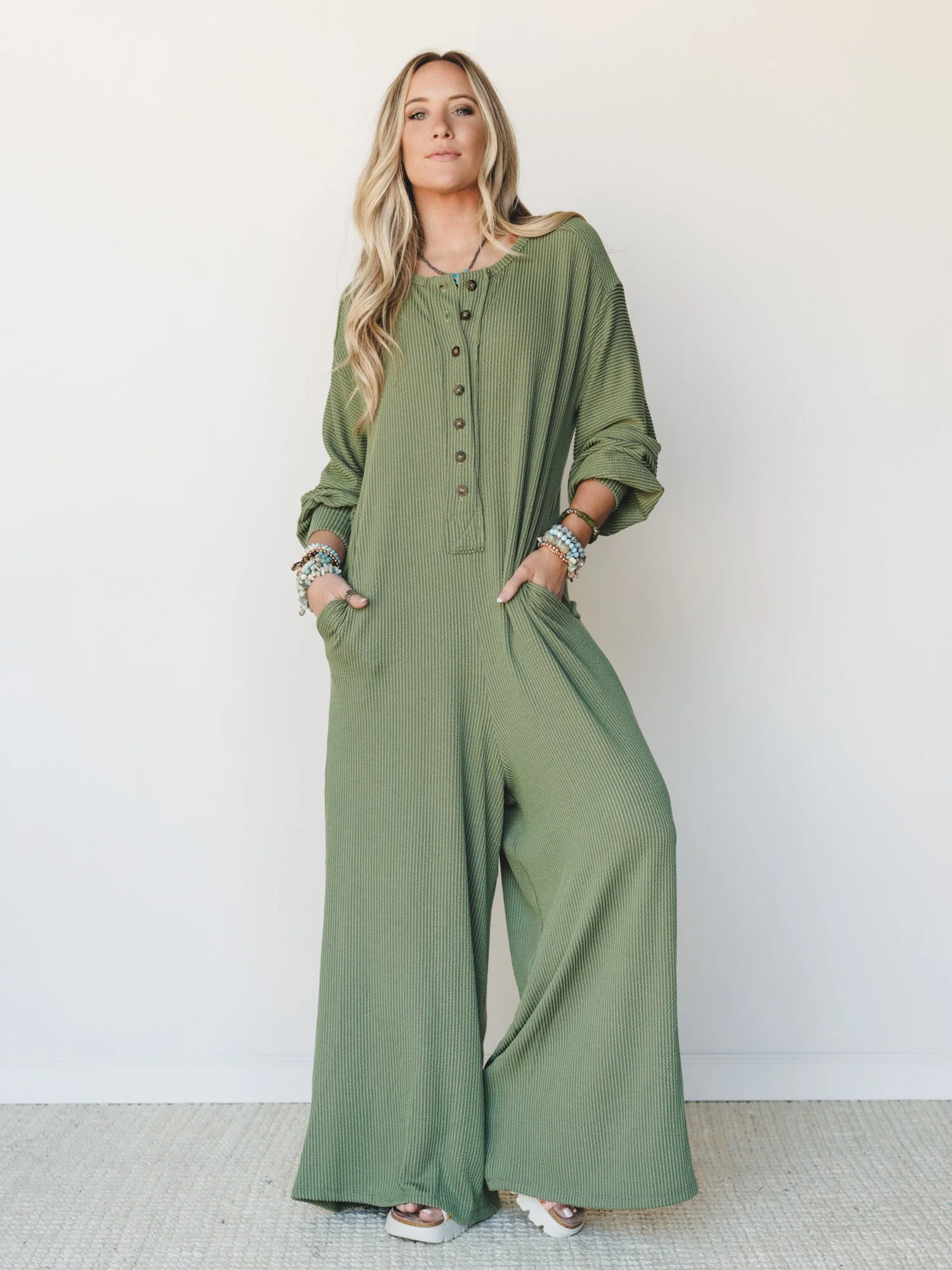 The Nest Daphne Textured Long Sleeve Jumpsuit - Army - Image 2