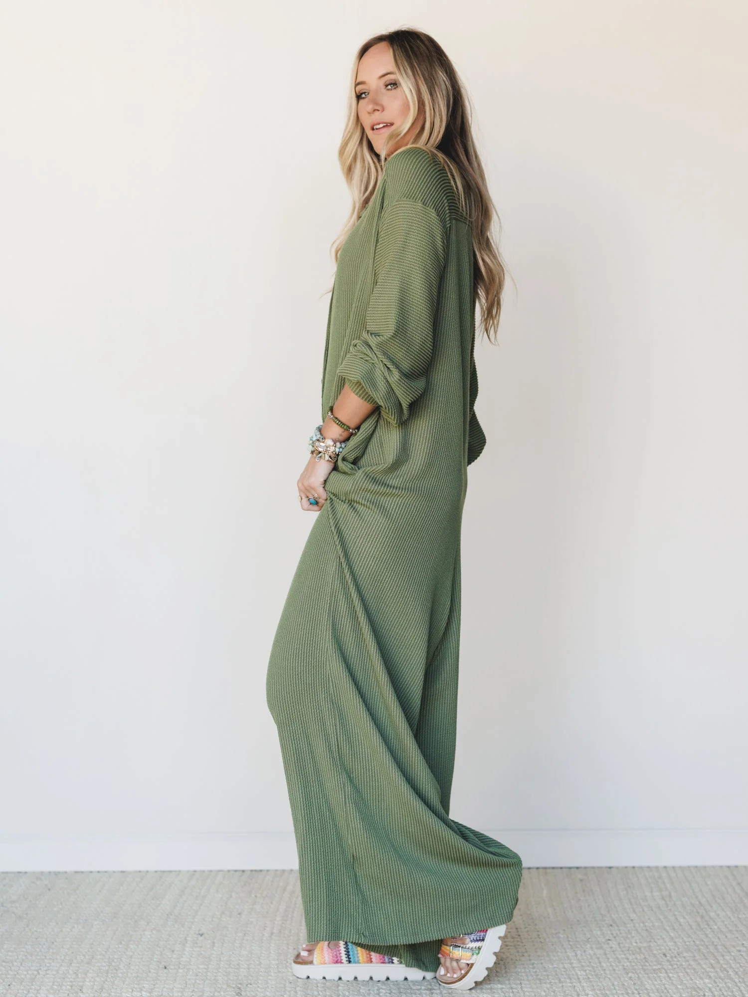 The Nest Daphne Textured Long Sleeve Jumpsuit - Army - Image 4
