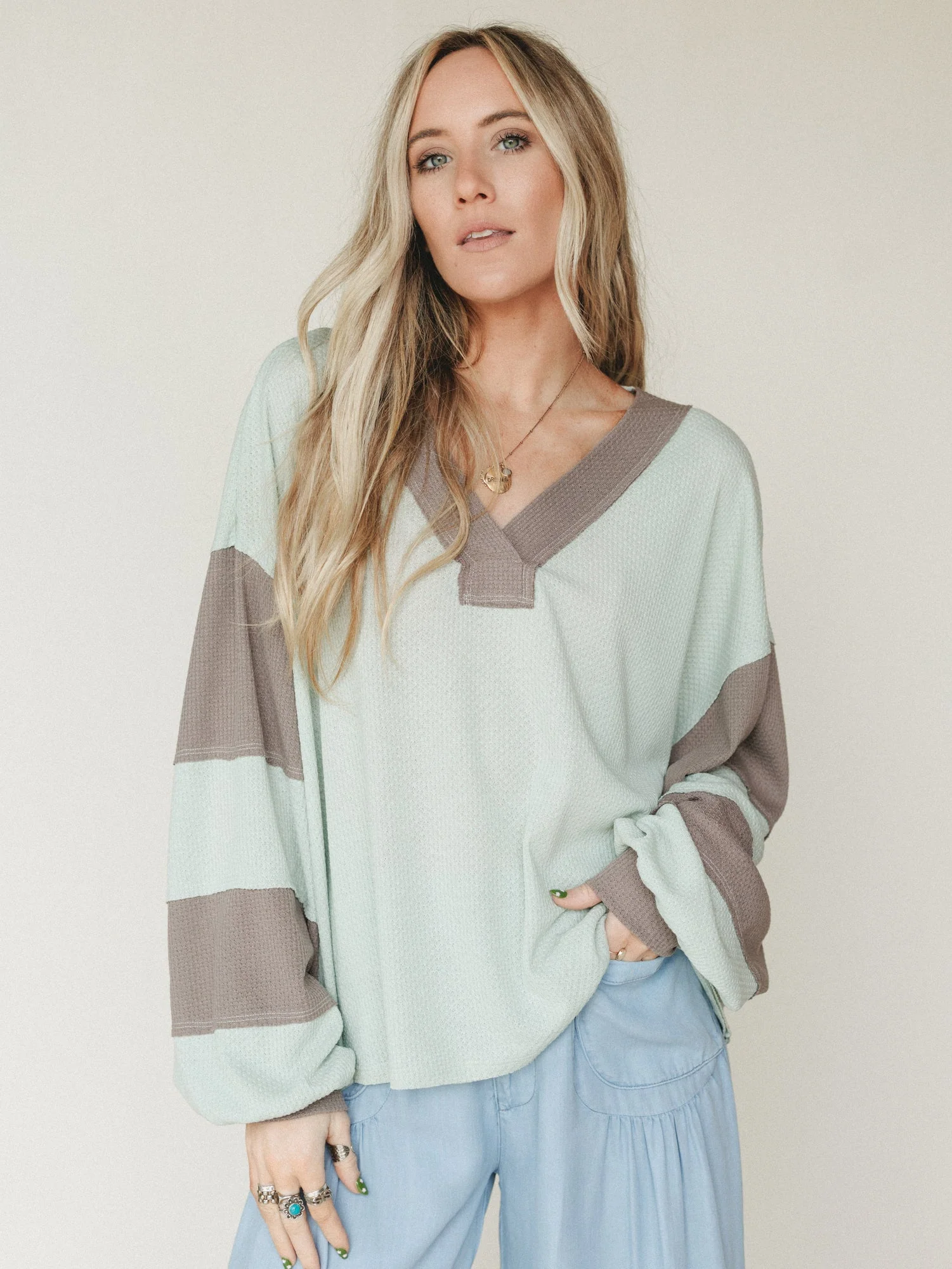 The Nest Elena Long Sleeve Top - Green Ash Mocha