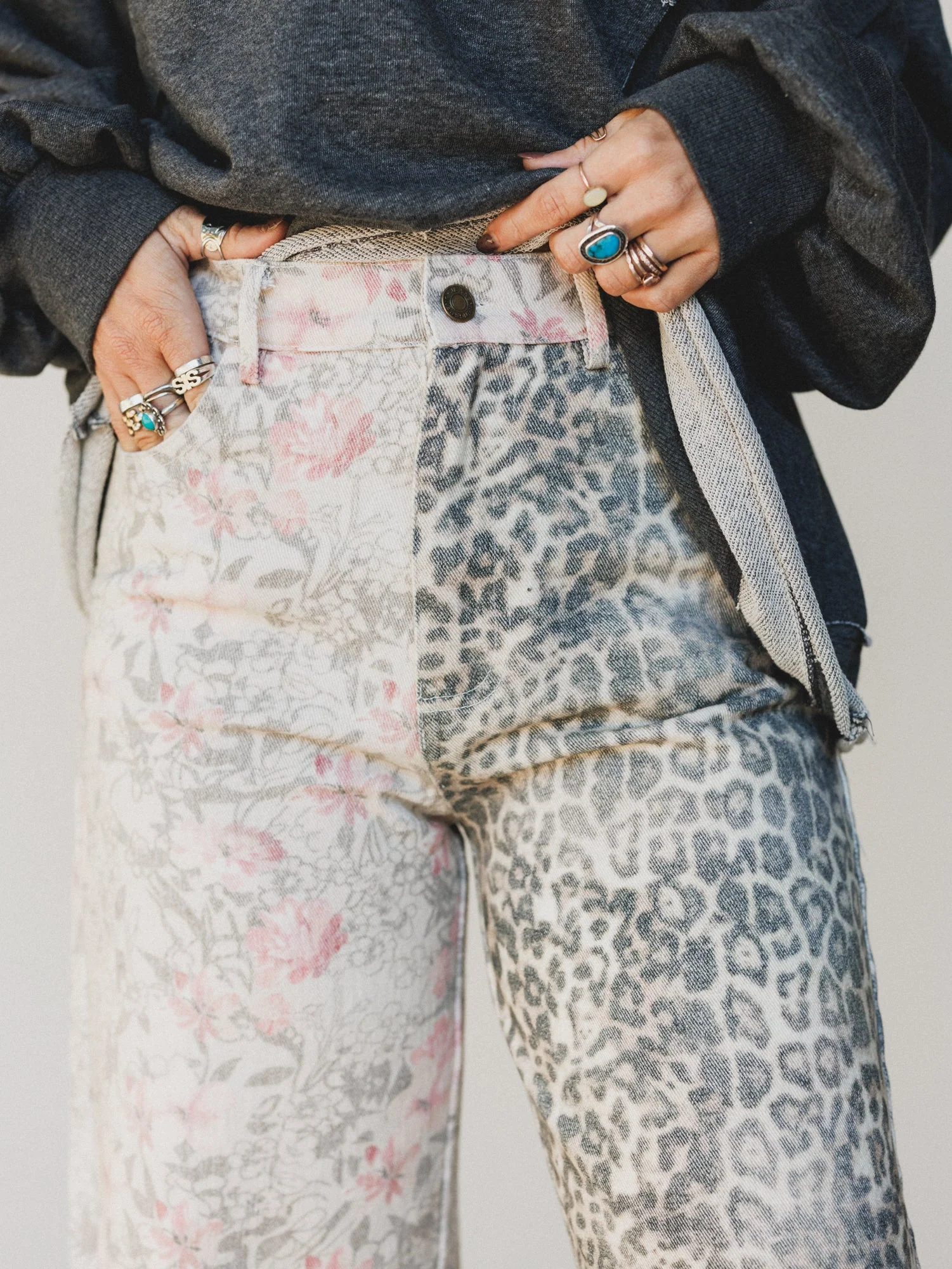 The Nest Ezra Mixed Print Wide Leg Jeans - Beige Multi - Image 3