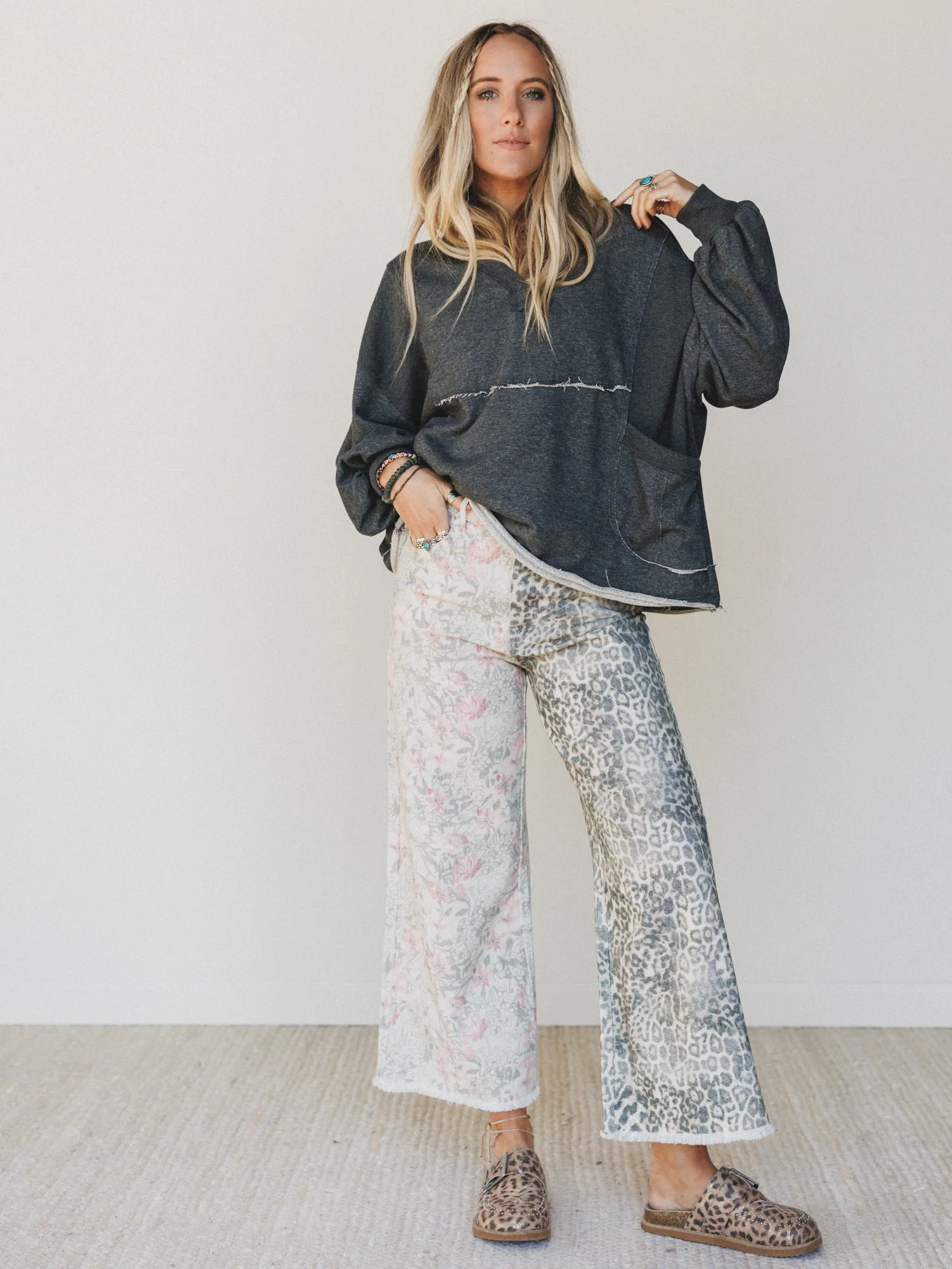 The Nest Ezra Mixed Print Wide Leg Jeans - Beige Multi - Image 4
