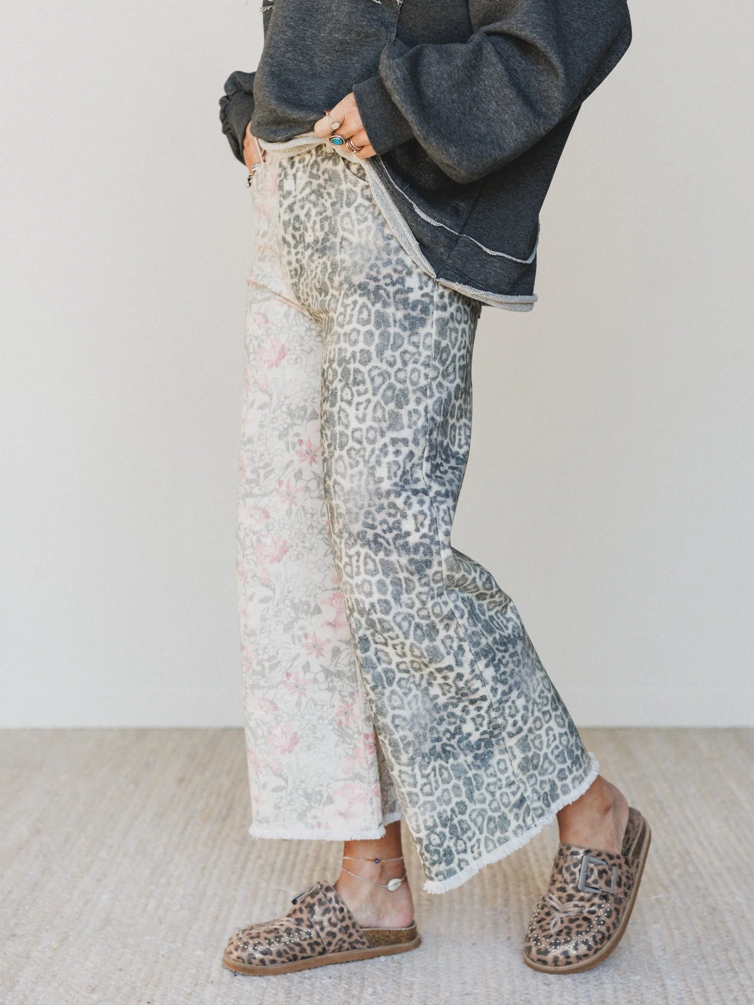 The Nest Ezra Mixed Print Wide Leg Jeans - Beige Multi - Image 5