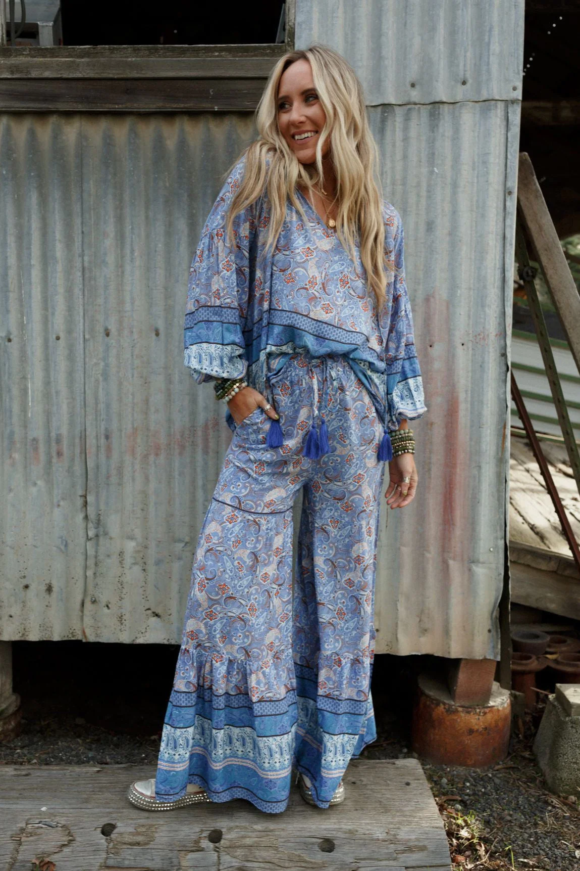 The Nest Lani Wide Leg Pants - Blue Border Print - Image 6