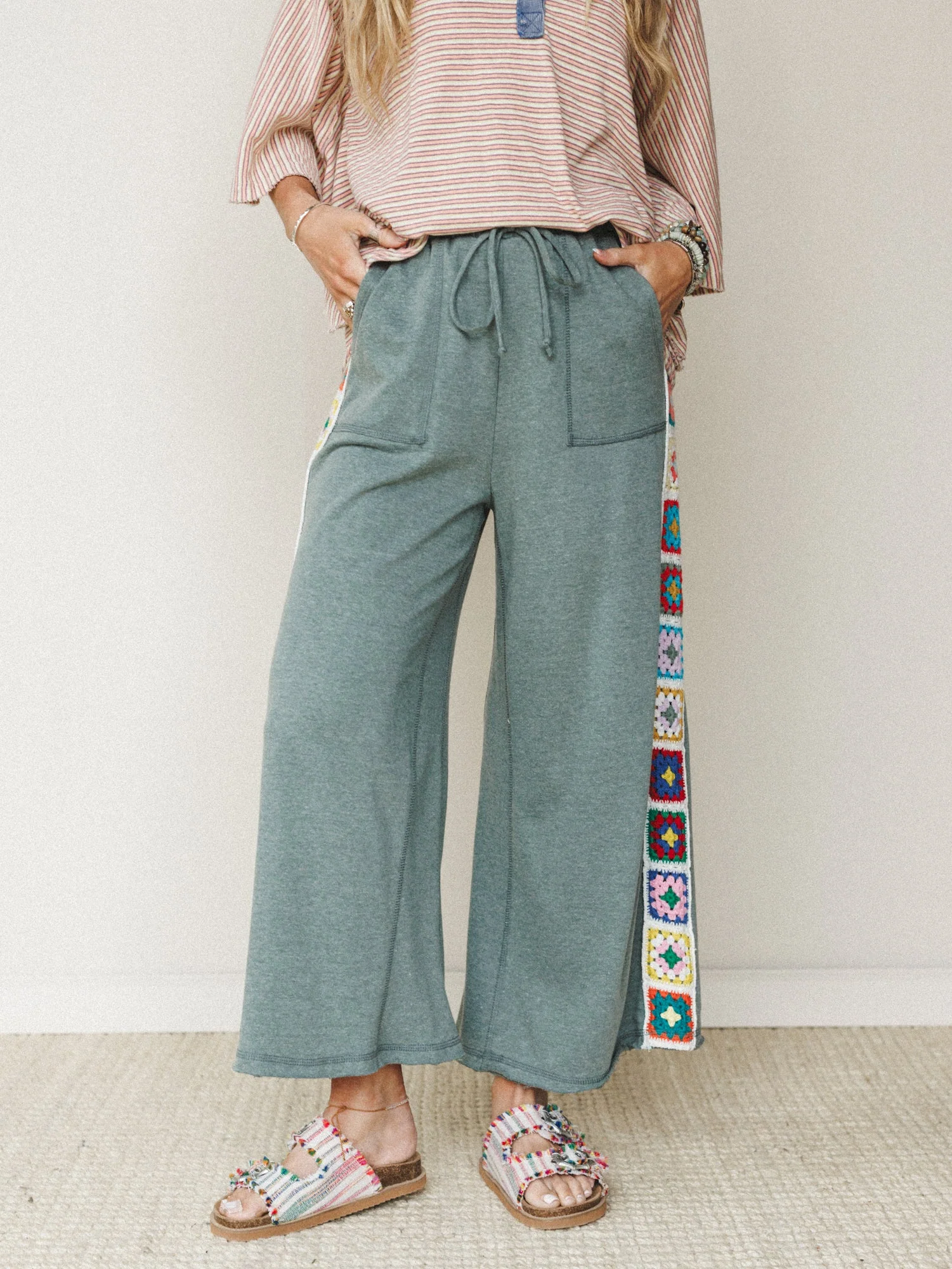 The Nest Love Seeker Crochet Panel Pants - Olive - Image 3