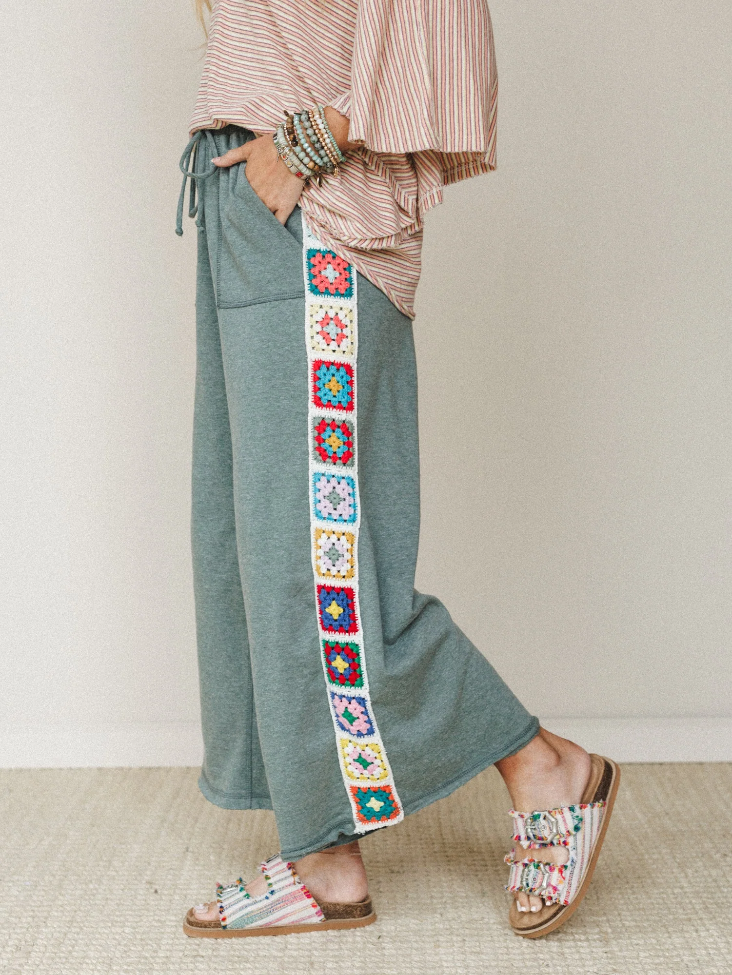 The Nest Love Seeker Crochet Panel Pants - Olive - Image 4
