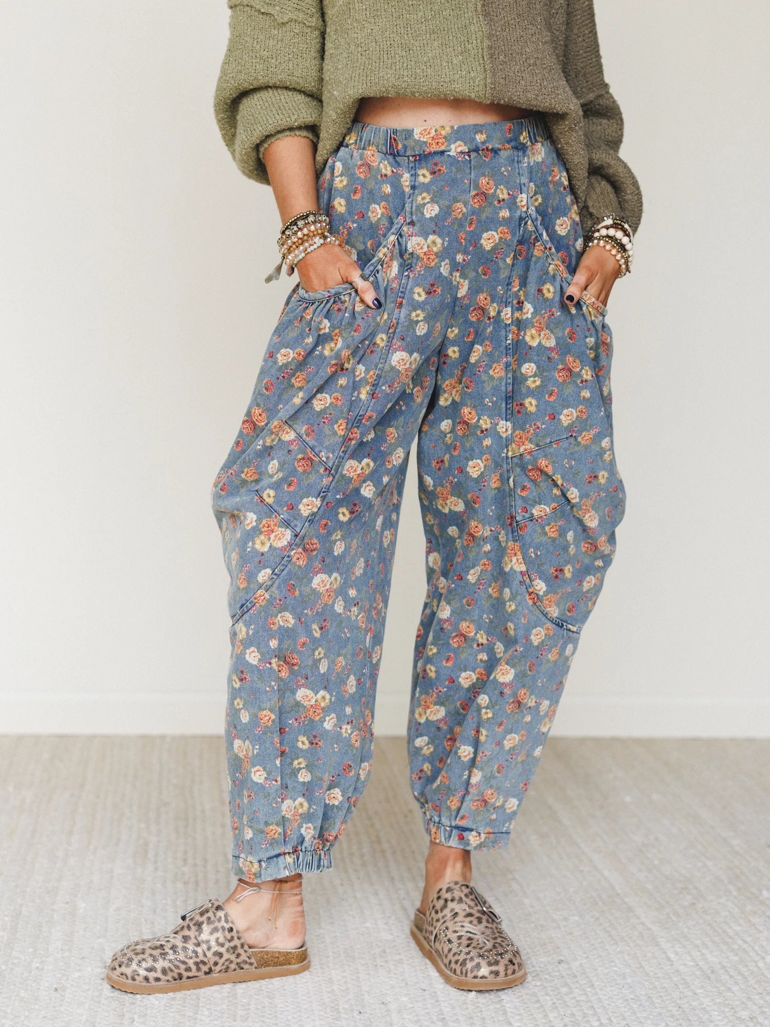 The Nest Nora Gathered Barrel Denim Pant - Denim Blue Floral - Pre Order - Image 2