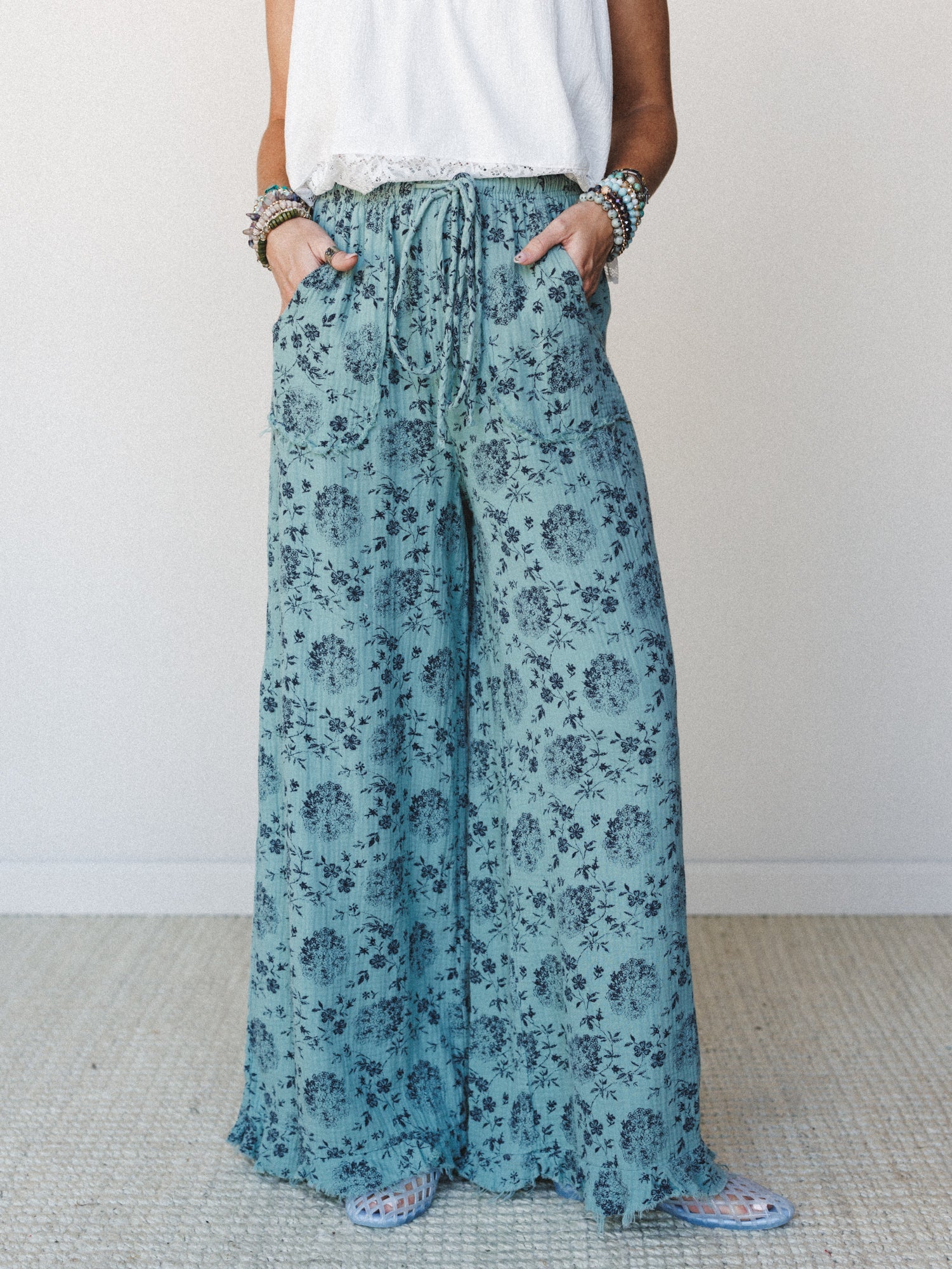 The Nest Sandra Wide Leg Ruffle Pant - Turquoise - Image 2