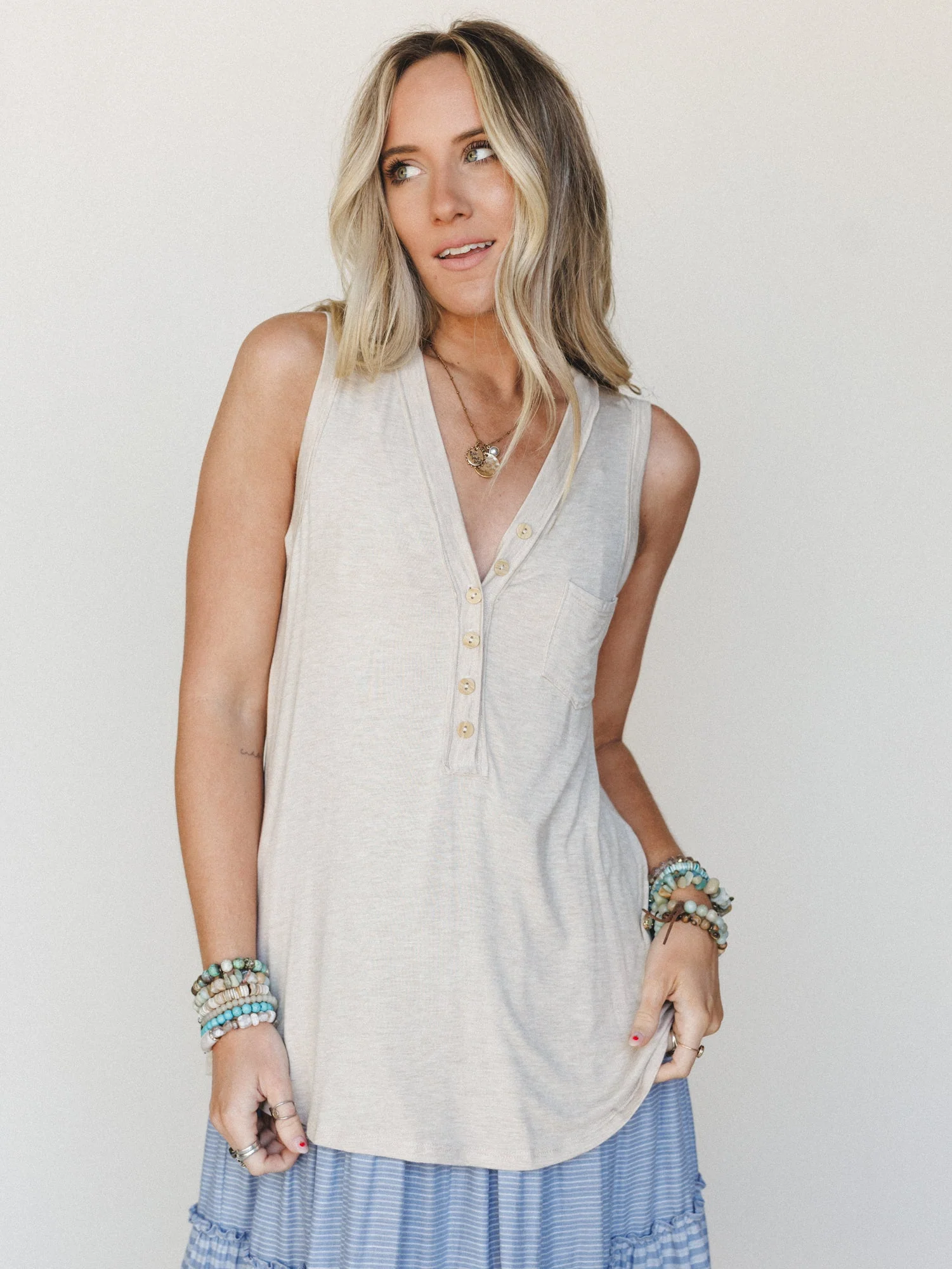The Nest Shelli Henley Tank Top - Heather Oatmeal - Pre Order