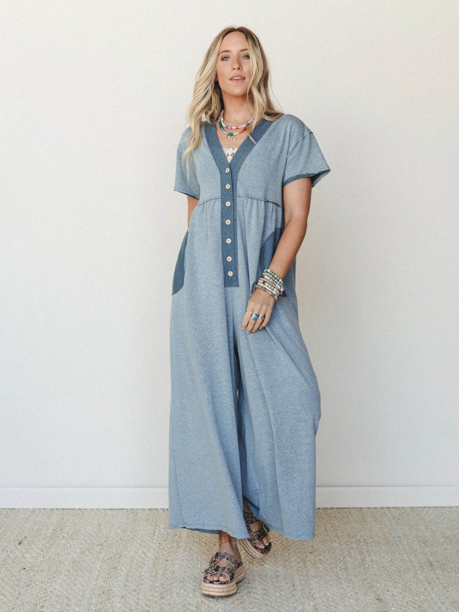 The Nest Simple Ease Button Front Wide Leg Jumpsuit - Teal - Image 2