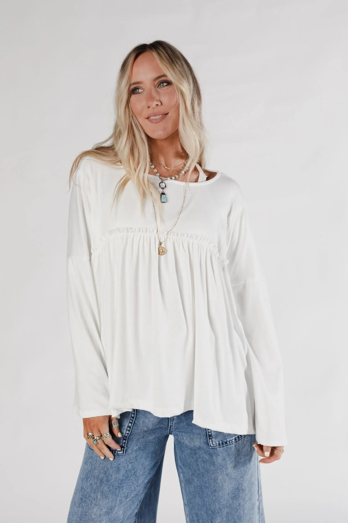 The Nest Solid Serenity Long Sleeve Babydoll Top - Ivory - Pre Order
