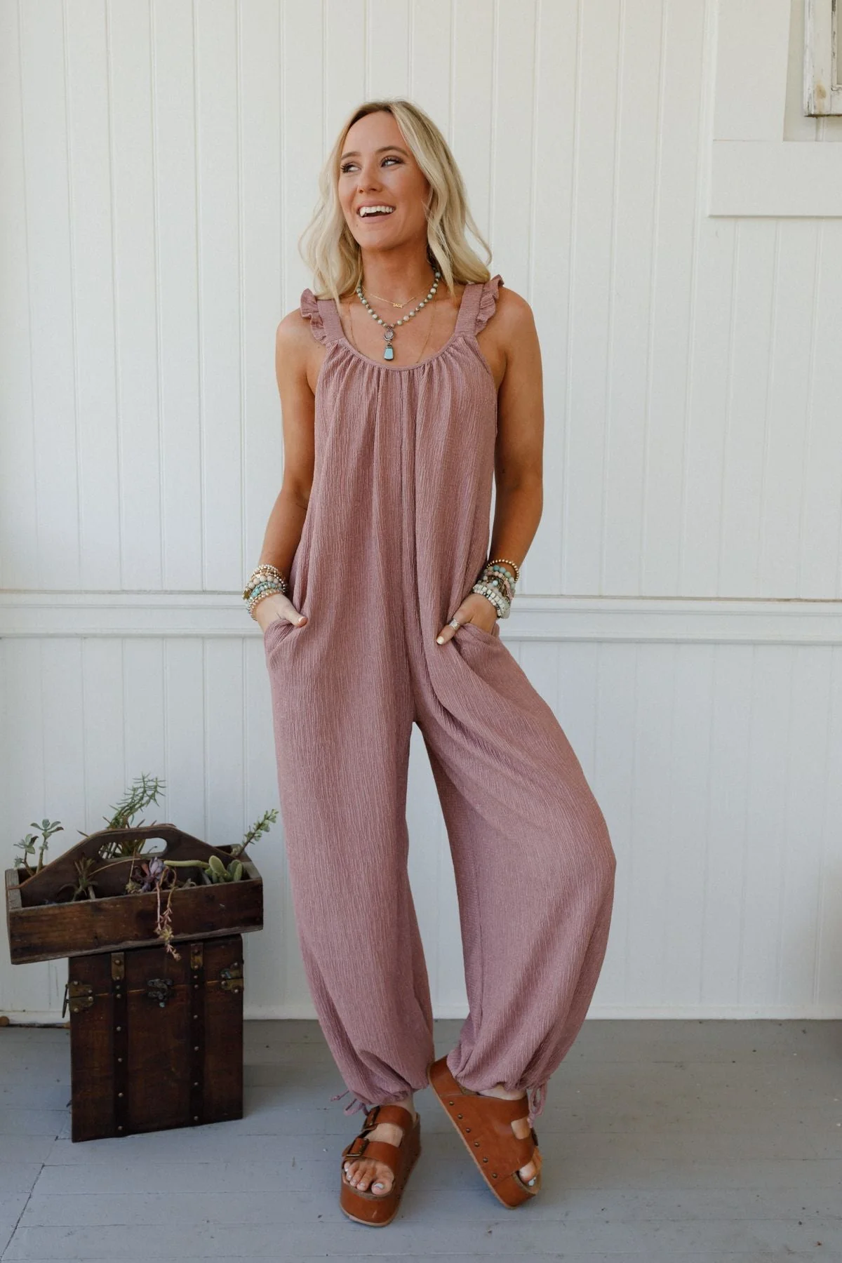 The Nest Wildflower Ruffle Jumpsuit - Mauve - Pre Order