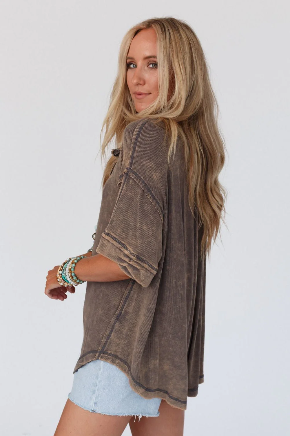 Time Flies Round Hem Top - Gray Brown - Image 3