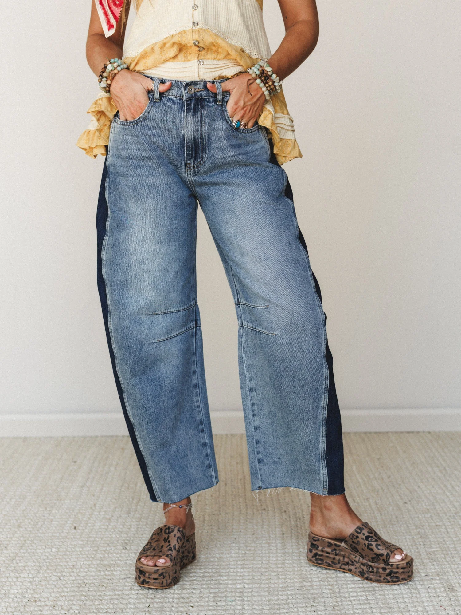 Two Tone Wide Leg Barrel Jeans - Denim - Image 3