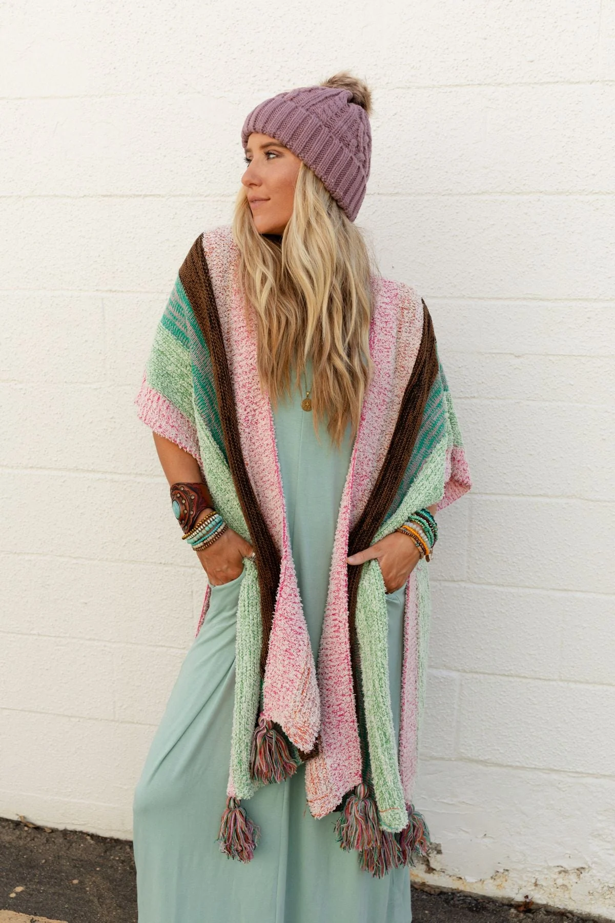 Wandering Soul Striped Tassel Ruana - Mint - Image 7