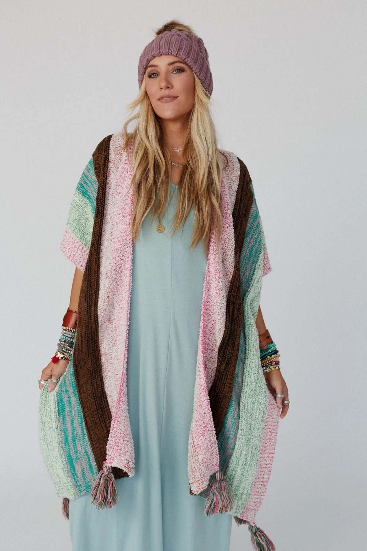 Wandering Soul Striped Tassel Ruana - Mint - Image 8