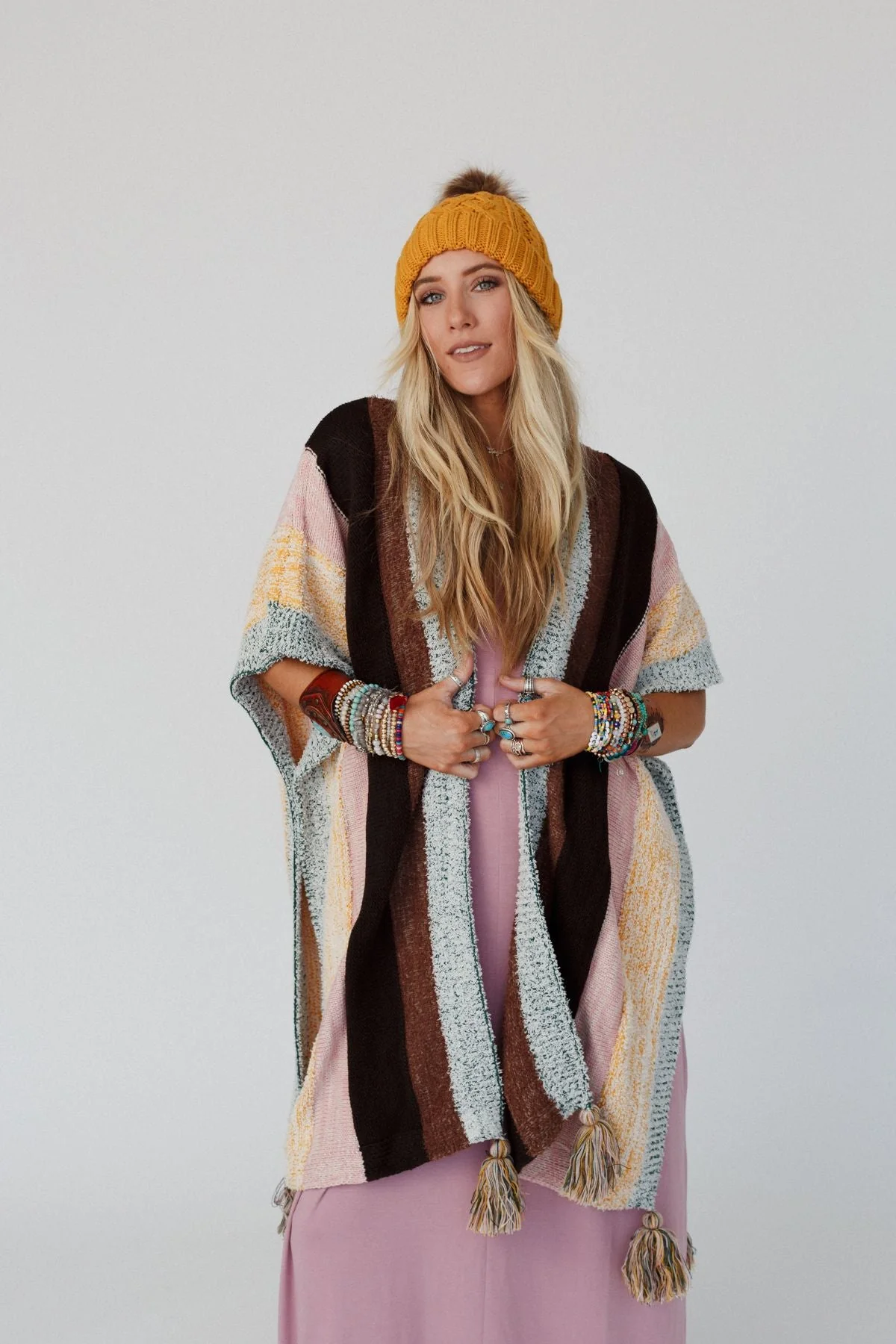 Wandering Soul Striped Tassel Ruana - Yellow - Image 3