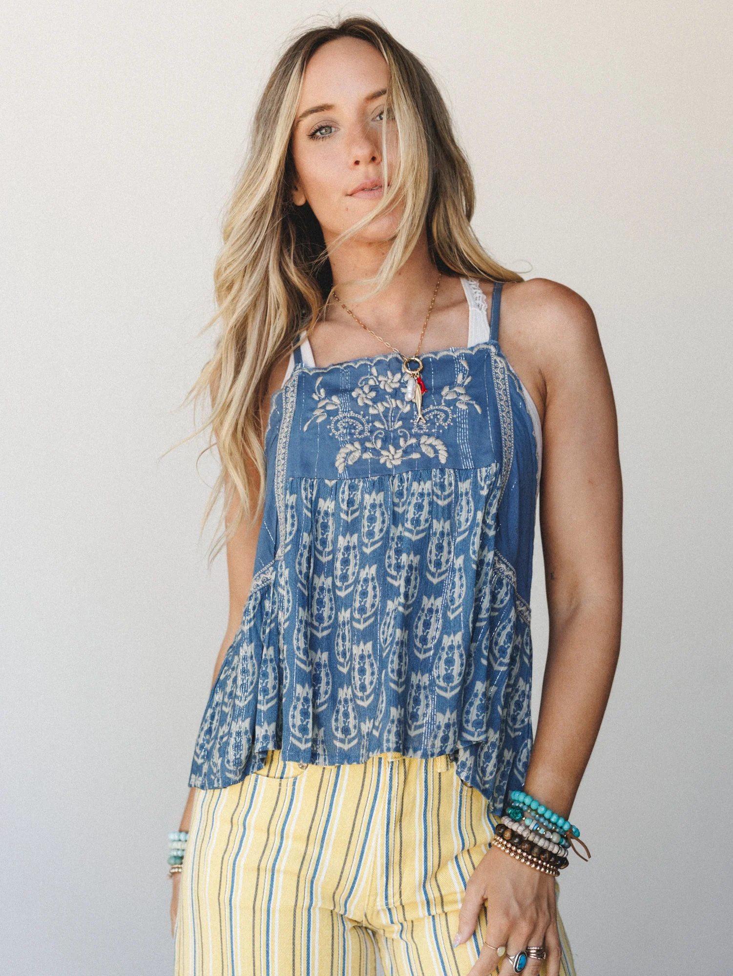 Wavea Embroidered Top - Indigo
