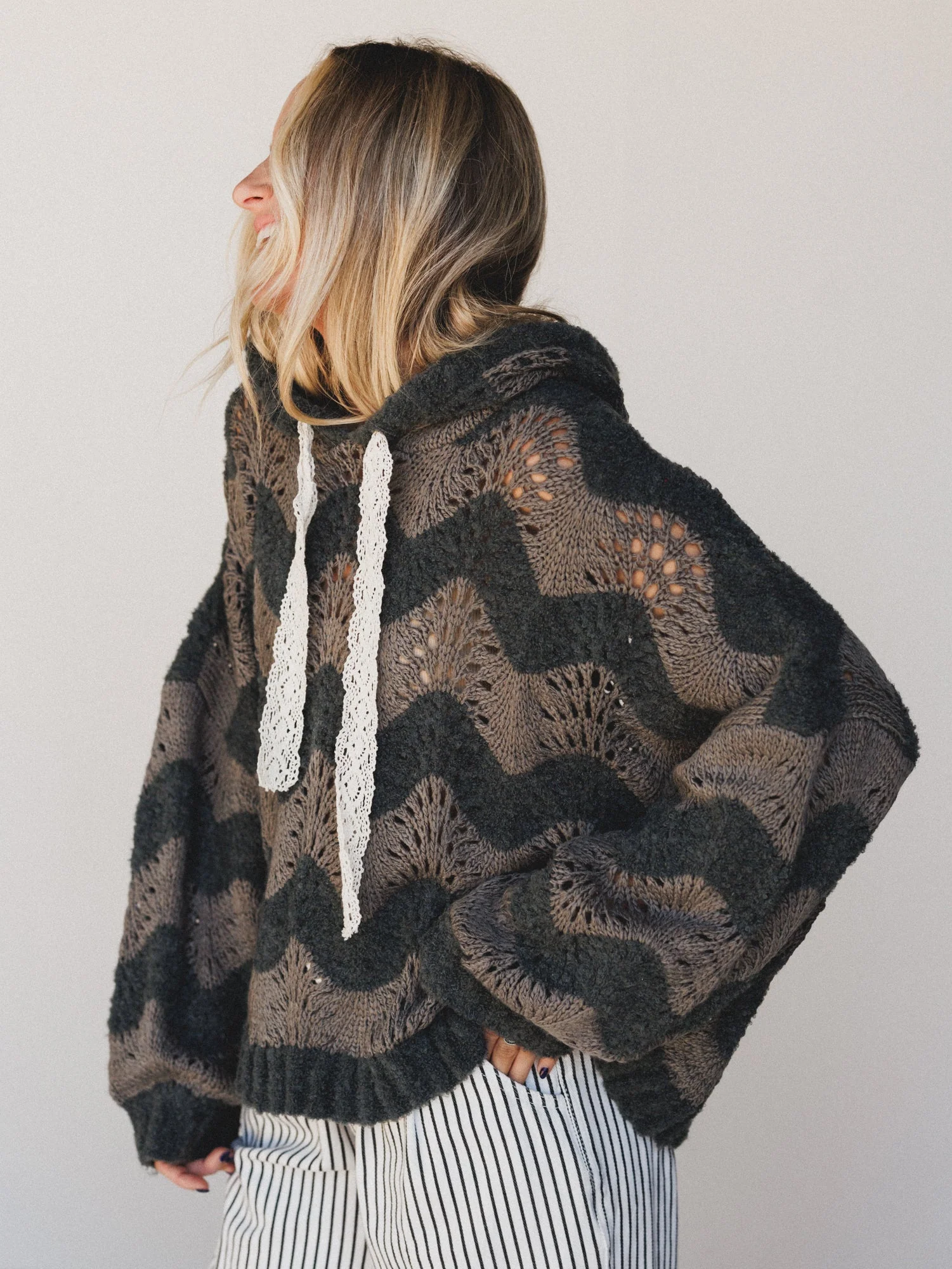 Wavy Knit Hoodie - Charcoal - Image 4