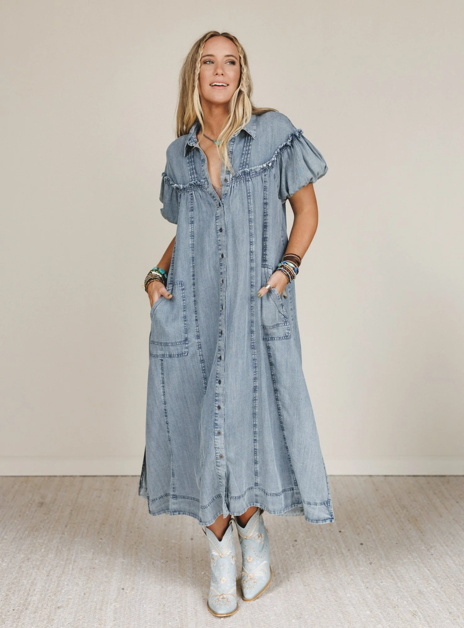 Western Muse Puff Sleeve Maxi Dress - Denim - Pre Order - Image 2