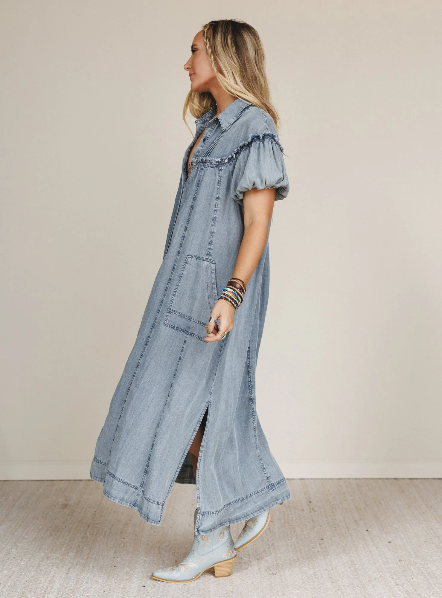 Western Muse Puff Sleeve Maxi Dress - Denim - Pre Order - Image 5