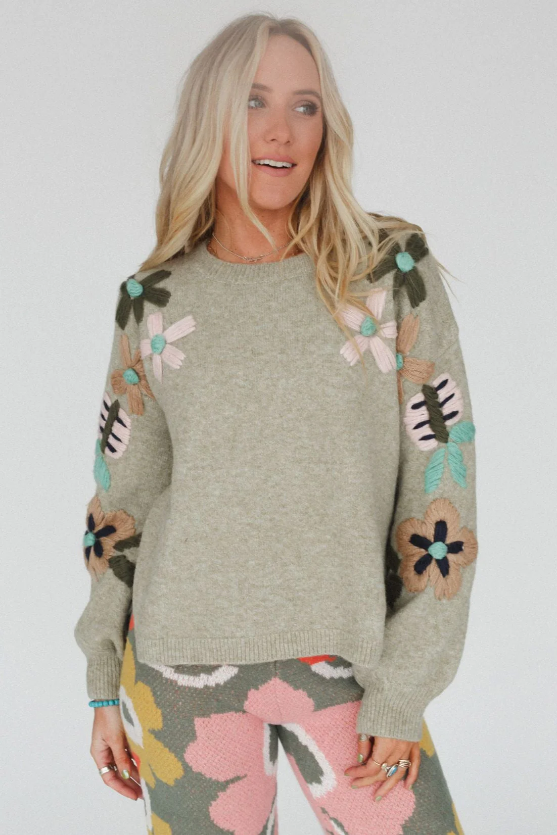 Wild Blossom Embroidered Sweater - Sage - Image 3
