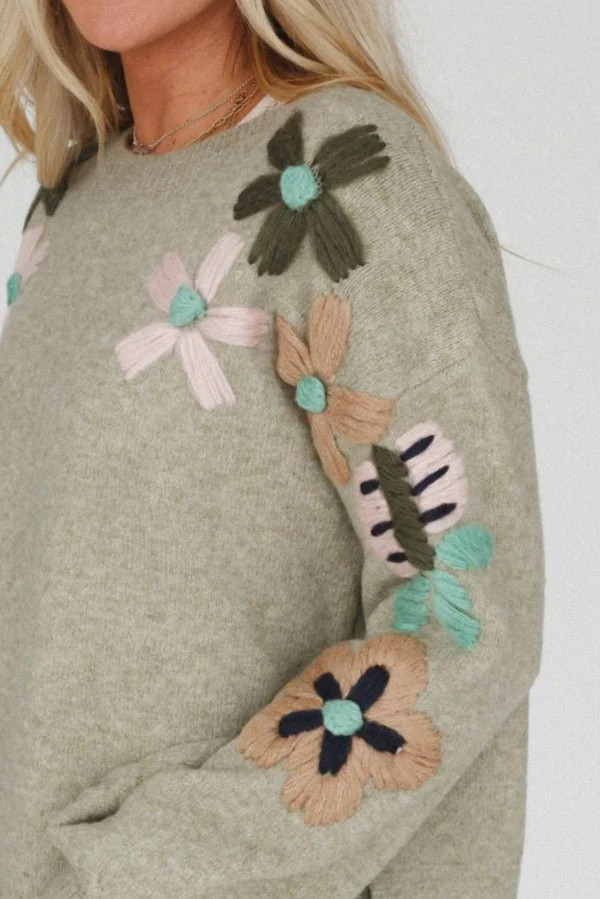 Wild Blossom Embroidered Sweater - Sage - Pre Order - Image 2