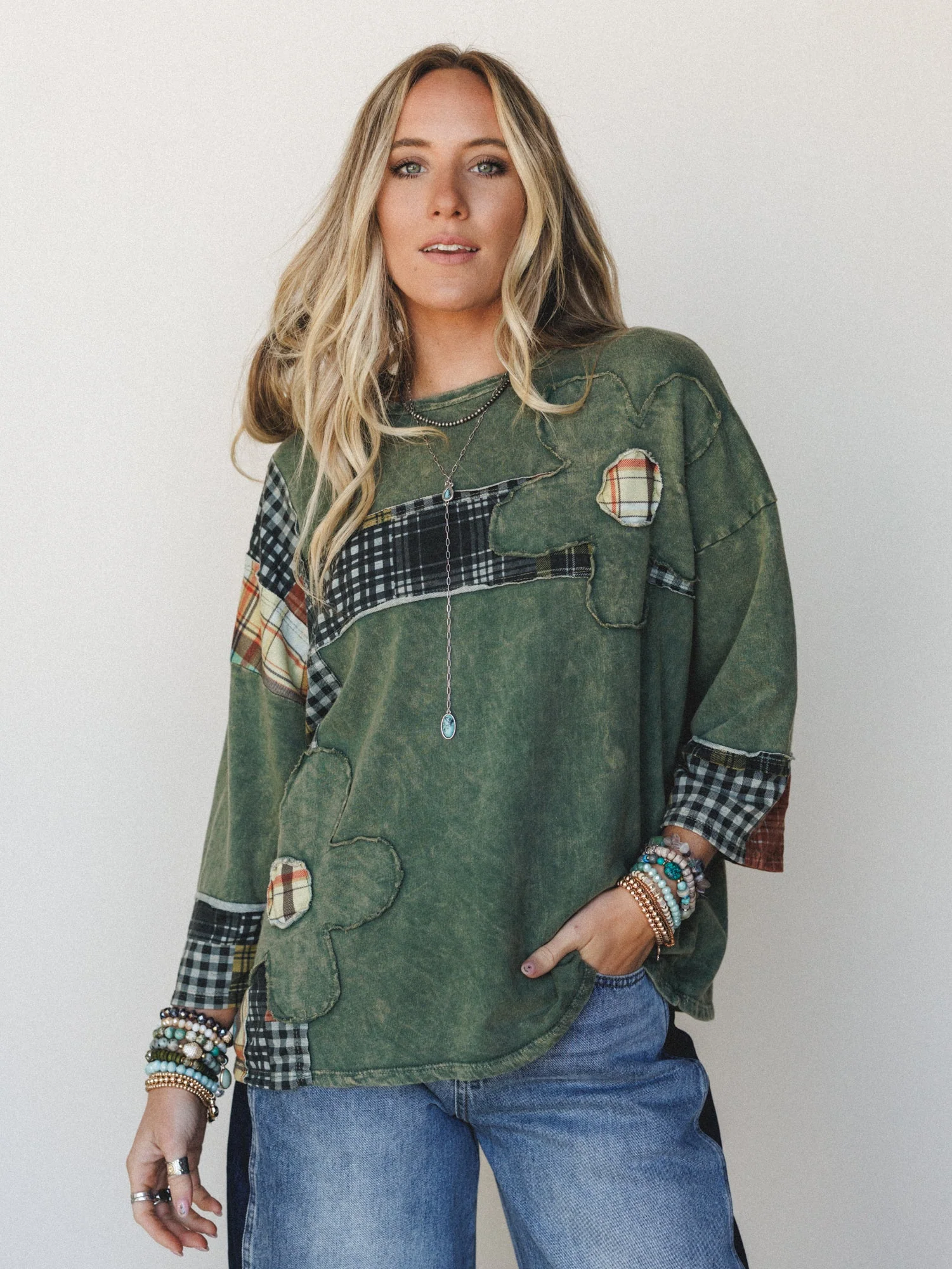 Wild Iris Patchwork Top - Olive