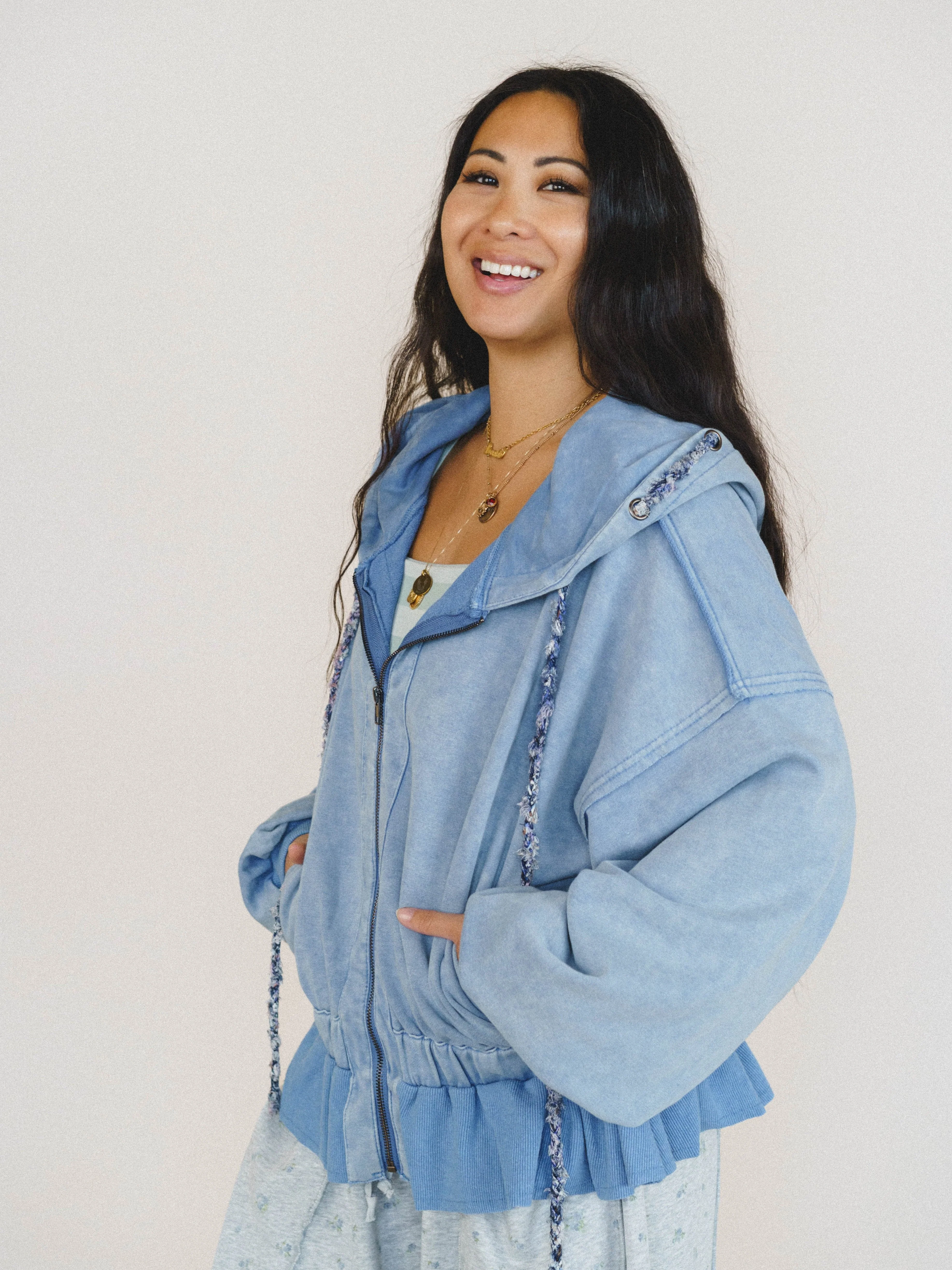 Wistful In Ruffles Zip Up Hooded Jacket - Blue - Image 2
