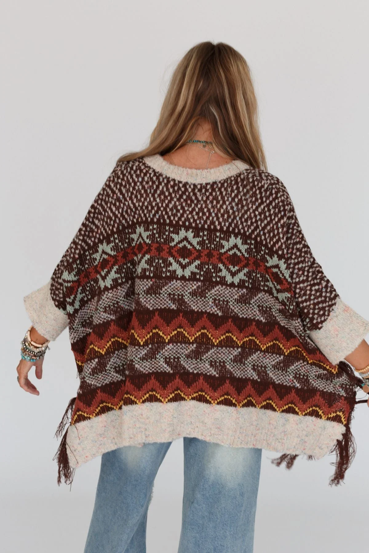 Zahra Aztec Fringe Poncho - Brown - Image 7